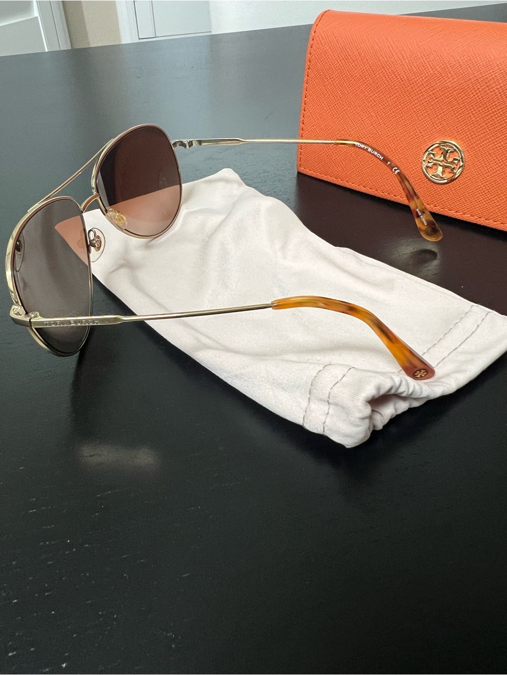 Tory Burch Gold Aviator Sunglasses with Orange Case - Picture 3 of 5